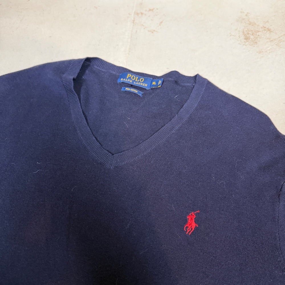 Polo Ralph Lauren Mens XL Navy Blue Pima Cotton V-Neck Sweater‎ Red Pony Logo - Picture 3 of 5